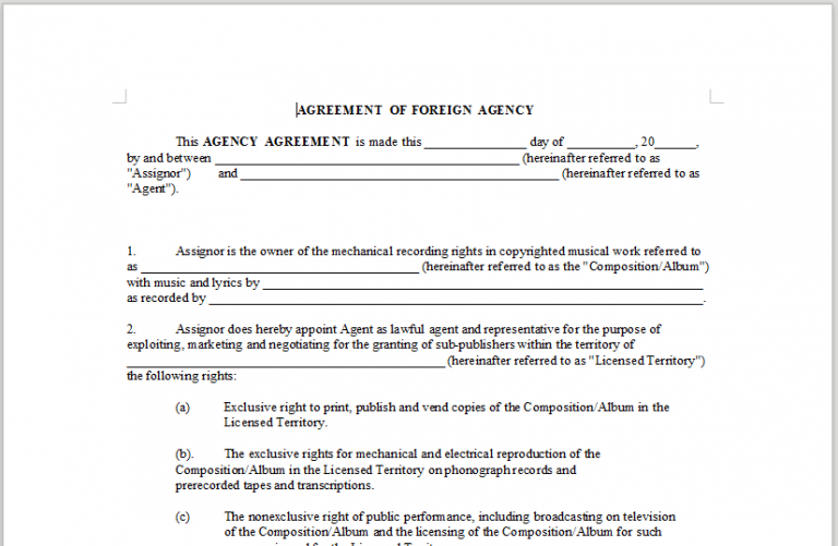 AGREEMENT OF FOREIGN AGENCY - OnlineMusicContracts.Com