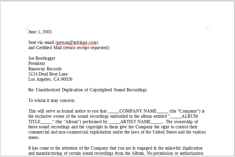 Copyright Cease And Desist Letter from onlinemusiccontracts.com