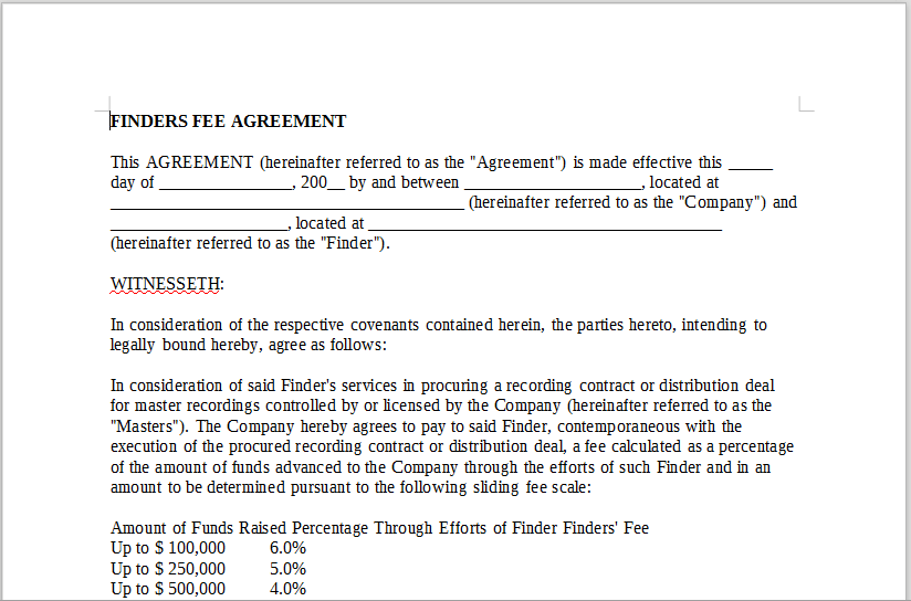 Finders Fee Agreement Onlinemusiccontracts Com